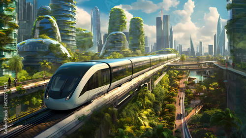 Modern transport in a futuristic and green energy city. Generativ AI.