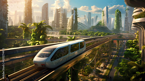 Modern transport in a futuristic and green energy city. Generativ AI.