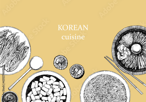 Korean Restaurant Menu. Hand-drawn illustration of dishes and products. Ink. Vector