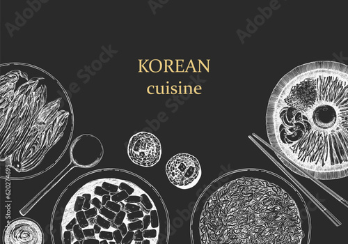 Korean Restaurant Menu. Hand-drawn illustration of dishes and products. Ink. Vector