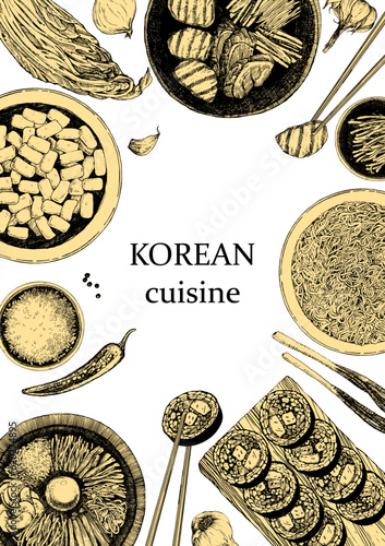 Korean Restaurant Menu. Hand-drawn illustration of dishes and products. Ink. Vector