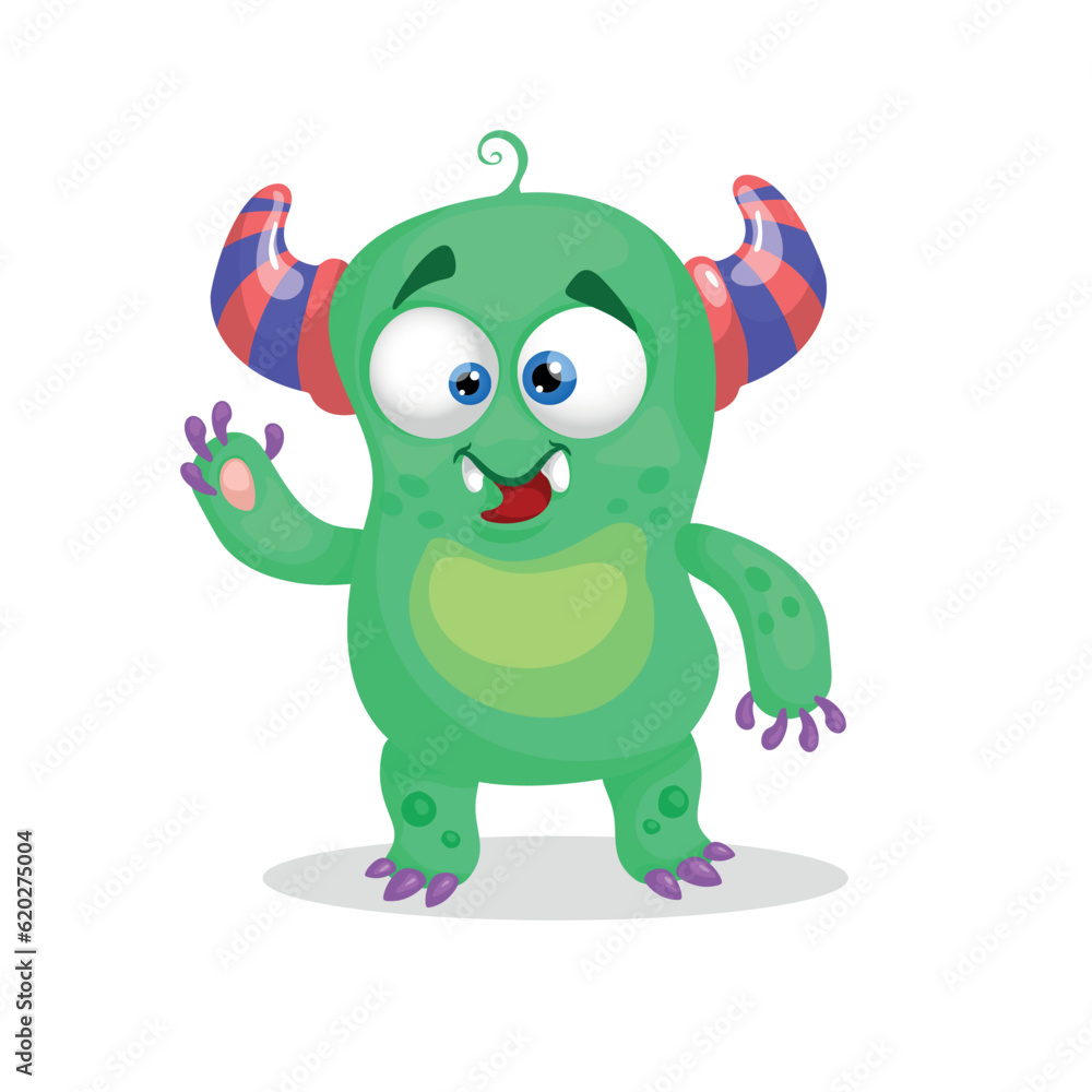 Cute green horned monster. Happy Halloween mascot character. Best for kid parties designs, t-shirt and posters. Vector illustration. Cute green horned monster. Happy Halloween mascot character. Best for kid parties designs, t-shirt and posters. Vector illustration.