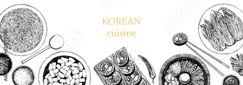 Korean Restaurant Menu. Hand-drawn illustration of dishes and products. Ink. Vector