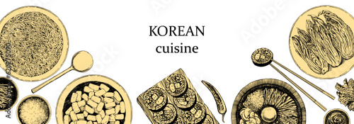 Korean Restaurant Menu. Hand-drawn illustration of dishes and products. Ink. Vector