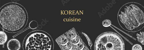 Korean Restaurant Menu. Hand-drawn illustration of dishes and products. Ink. Vector