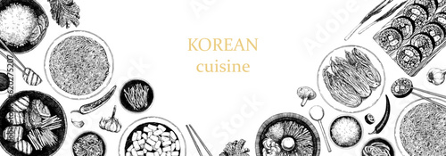 Korean Restaurant Menu. Hand-drawn illustration of dishes and products. Ink. Vector