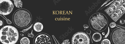 Korean Restaurant Menu. Hand-drawn illustration of dishes and products. Ink. Vector