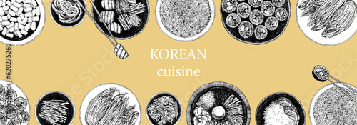 Korean Restaurant Menu. Hand-drawn illustration of dishes and products. Ink. Vector