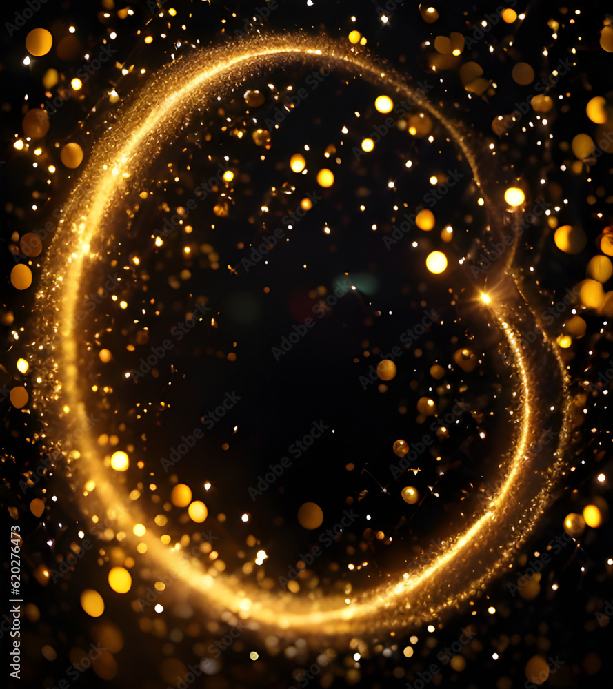 Fond abstrait doré.Poussière d'or magique sur fond noir,paillettes scintillantes brillantes,surface dorée,IA générative.