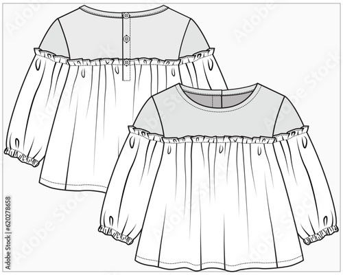EMPIRE CUT LONG SLEEVES WOVEN TOP WITH CENTER BACK FASTENING DETAIL DESIGNED FOR TODDLER GIRL AND BABY GIRL IN EDITABLE FILE