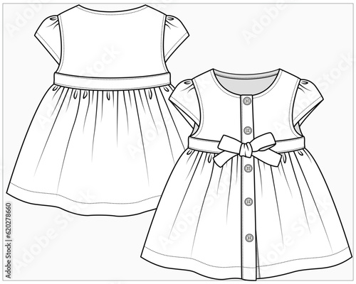 PUFF SLEEVES WOVEN DRESS WITH TIE UP BOW DETAIL DESIGNED FOR TODDLER GIRL AND BABY GIRL IN EDITABLE FILE