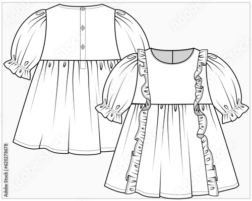 PUFF SLEEVES WOVEN DRESS WITH CENTER FRONT FRILL DETAIL DESIGNED FOR TODDLER GIRL AND BABY GIRL IN EDITABLE FILE