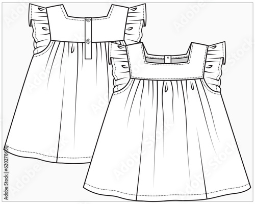 BIB CUT A LINE WOVEN-KNIT DRESS WITH FRILL SLEEVES DETAIL DESIGNED FOR TODDLER GIRL AND BABY GIRL IN EDITABLE FILE