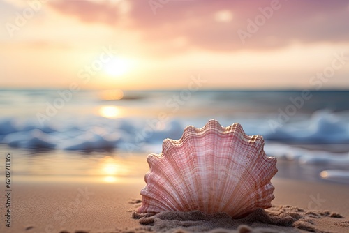 a shell on a beach with waves in the background Generative Ai
