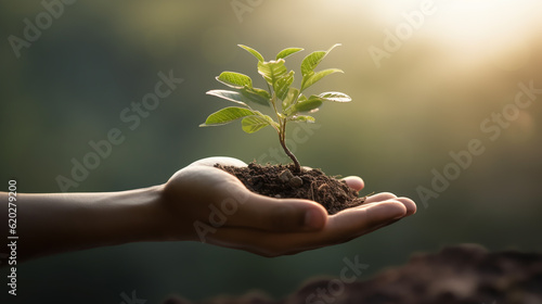 close up hand children holding young plant with sunlight on green nature background with sunshine. concept eco earth day. Generative ai