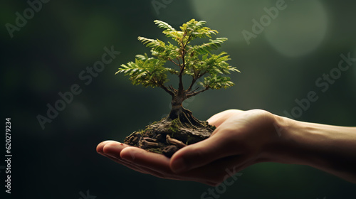 close up hand children holding young plant with sunlight on green nature background with sunshine. concept eco earth day. Generative ai