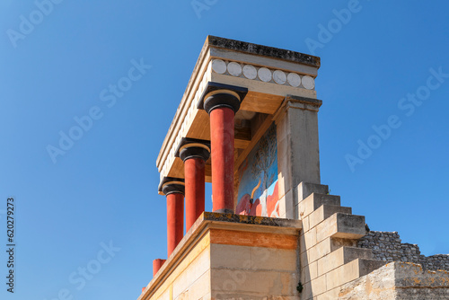 Palace of Minos, restored north entrance, ancient city of Knossos, Iraklion, Crete, Greek Islands