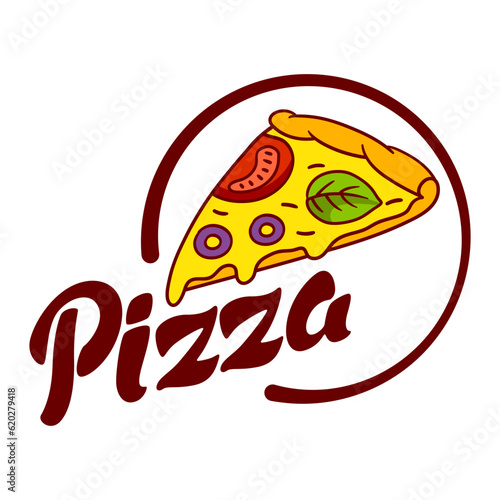 Tasty Italian pizza slice emblem. Delicious fast food meal. Illustration for cafe menu.
