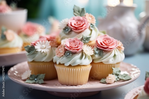 Colorful Flower Decorated Cupcakes in Assorted Varieties. Generative AI