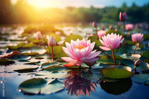 Elegant Pink Lotus A Graceful Green Leaf. Generative AI