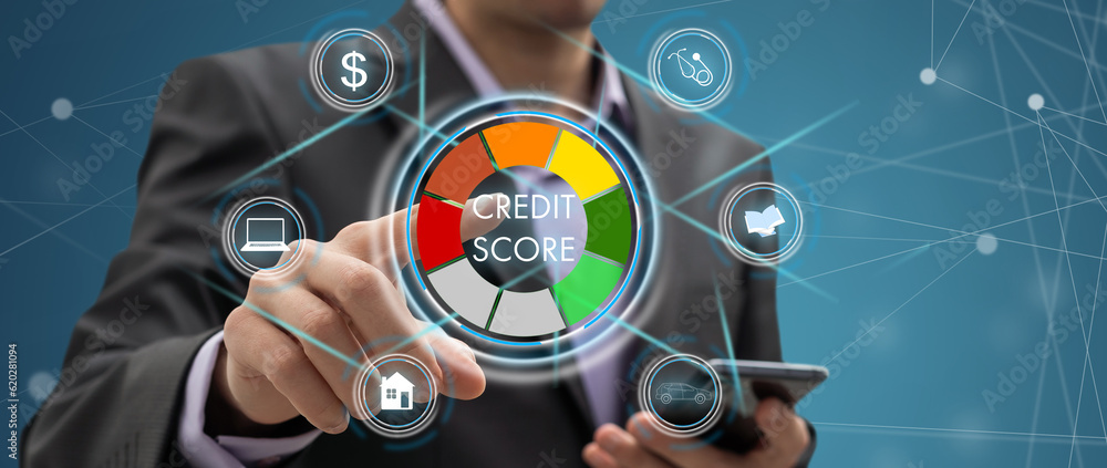Business, technology, internet concept on hexagons and transparent honeycomb background. Businessman pressing button on touch screen interface and select credit score Business, technology, internet concept on hexagons and transparent honeycomb background. Businessman pressing button on touch screen interface and select credit score
