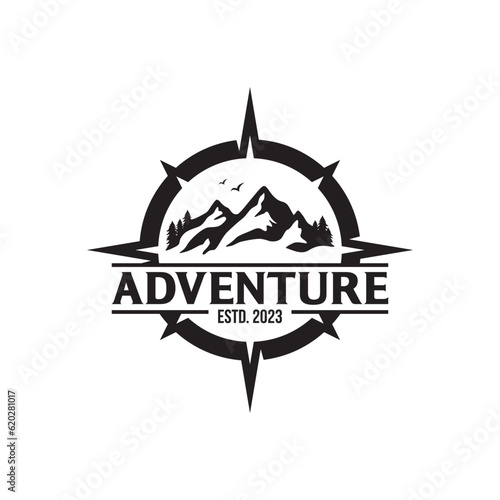 Adventure Logo with Mountain and Compass Design Vector Illustration Template
