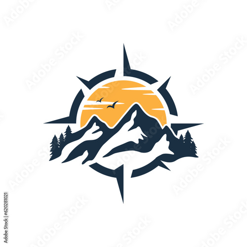 Adventure Logo with Mountain and Compass Design Vector Illustration Template
