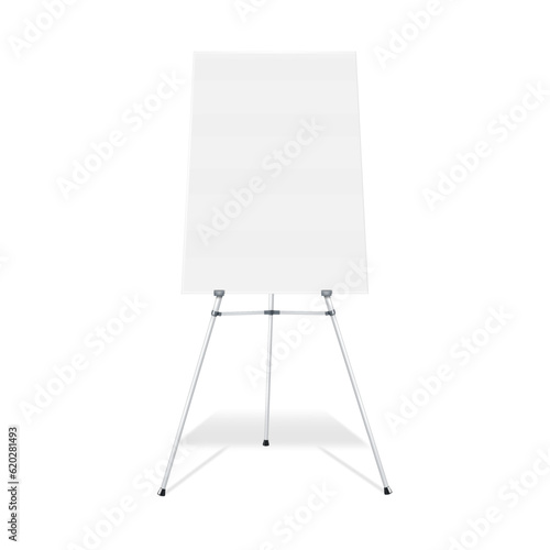 Flipchart, display easel stand vector mock-up. Blank whiteboard realistic mockup. Tripod flip chart white board. Template for design