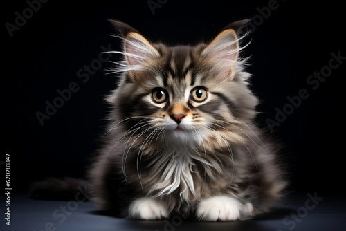Adorable Fluffy Kitten on a Black Background with Playful Eyes. Generative AI ©  Creative_studio