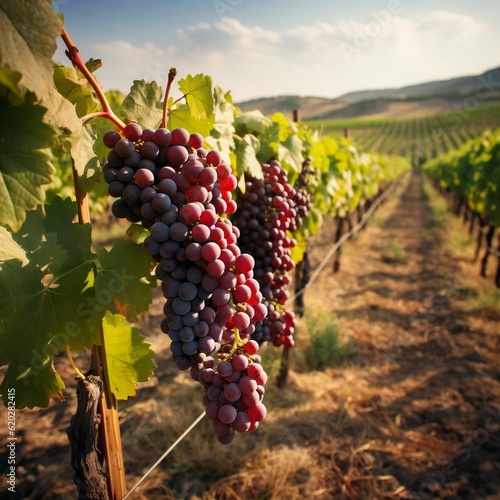 Vibrant Red Grape Field Thriving for Winemaking. Generative AI