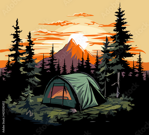 Vector illustration of a tent in the forest against the backdrop of mountains and sunset