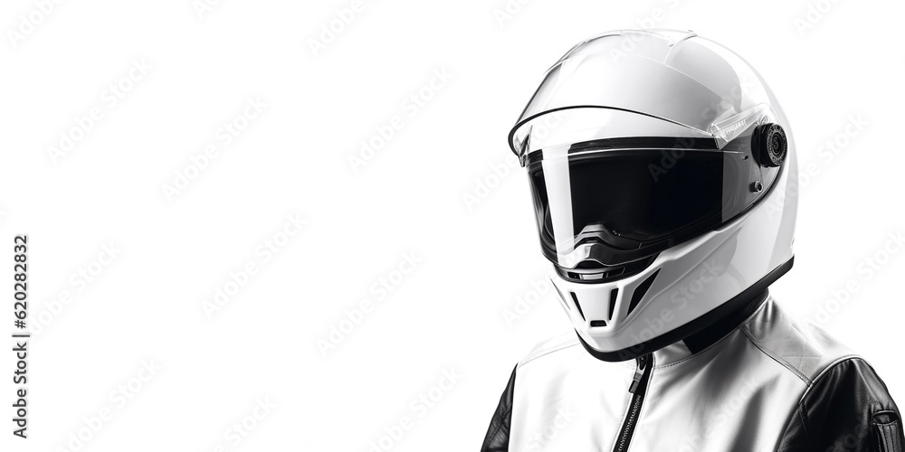 Portrait of a motorcyclist in a matching suit and helmet, close-up and against an isolated white background. Generative AI Portrait of a motorcyclist in a matching suit and helmet, close-up and against an isolated white background. Generative AI