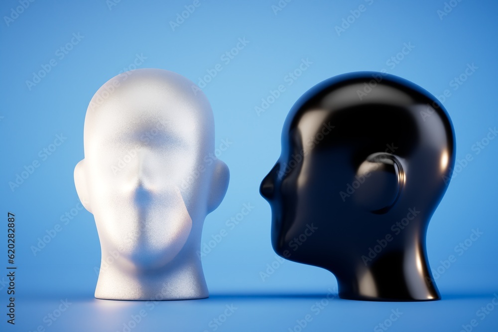 The dummy's head is white and black on a blue background. 3D render