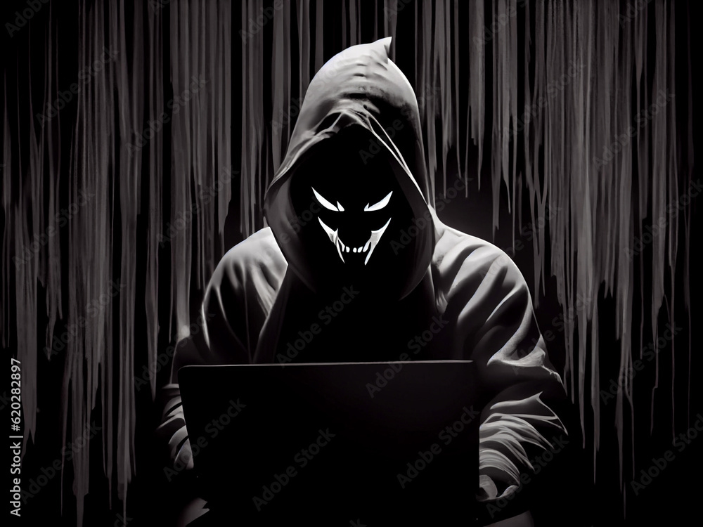 The silhouette of a guy in a hood, without a face but with luminous eyes on a black background inside the hood, on a dark mystical background. Generative AI The silhouette of a guy in a hood, without a face but with luminous eyes on a black background inside the hood, on a dark mystical background. Generative AI