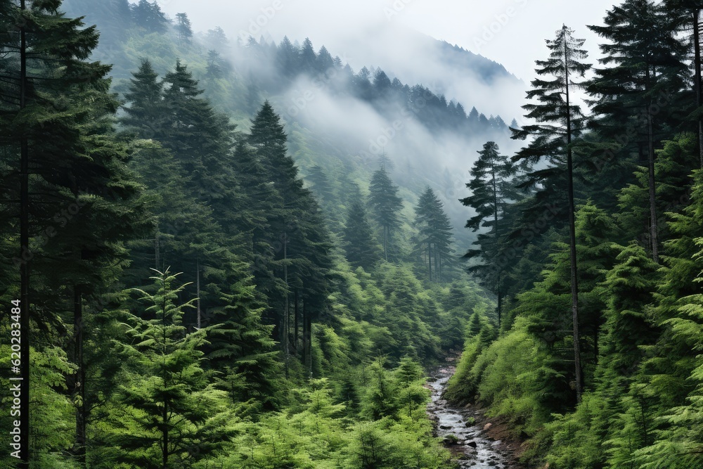 a mountain forest with high trees myst and fog grim background AI Generated a mountain forest with high trees myst and fog grim background AI Generated