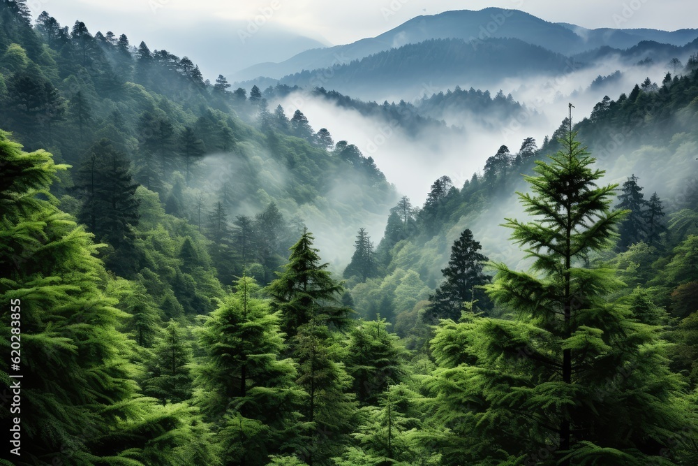 Fototapeta premium a mountain forest with high trees myst and fog grim background AI Generated 