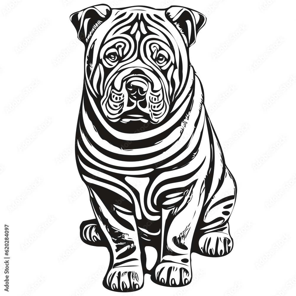 Fototapeta premium Chinese Shar Pei dog engraved vector portrait, face cartoon vintage drawing in black and white