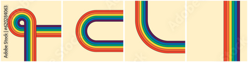 Vintage rainbow striped square posters compilation. Groovy style reminiscent past eras. Hippie inspired geometric rainbow paths. Iridescent stripes reflect retro hippy vibe. Various abstract banners