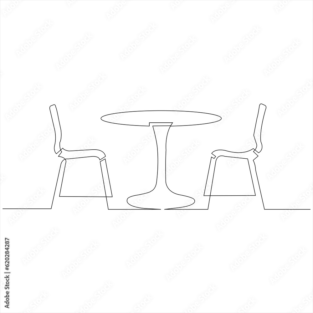 Dining table and chairs in continuous line art drawing style. Classic style dining room furniture black linear sketch isolated on white background. Vector illustration Dining table and chairs in continuous line art drawing style. Classic style dining room furniture black linear sketch isolated on white background. Vector illustration