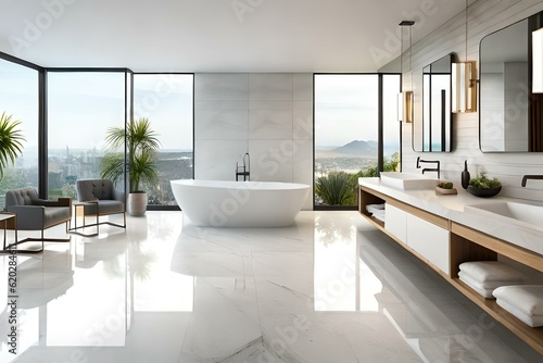 A luxurious master bathroom with a freestanding soaking tub made of polished white marble