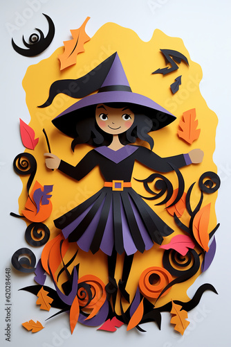 Cute halloween witch childrens paper cut out illustration
