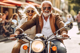 man woman fun motorcycle old beige cheerful friendship family bike trip smile women. Generative AI.