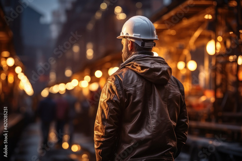 A man in a helmet on the background of scaffolding. AI generative. © Iaroslav