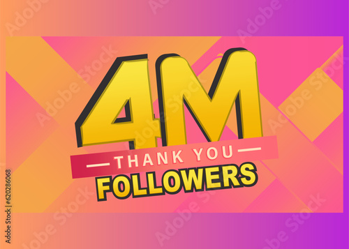 Thank you 4m followers banner, Thanks followers congratulation card, Vector illustration, post, text, gradient background, thumbnail, subscribers, blog, follow, like, vector. photo