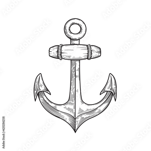 Sea anchor. Ship equipment in sketch hand drawn style. Best for tattoo, emblem, logo. Vector illustration on white.