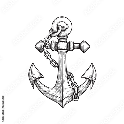 Sea anchor with chain. Ship equipment in sketch hand drawn style. Best for tattoo, emblem, logo. Vector illustration on white.