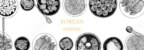 Korean Restaurant Menu. Hand-drawn illustration of dishes and products. Ink. Vector