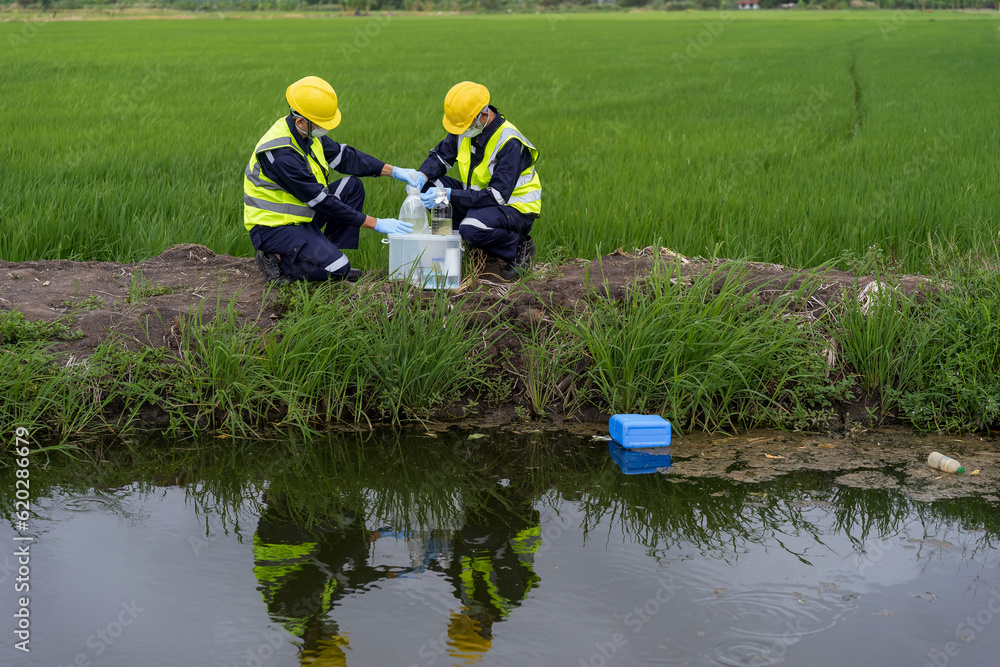 Fototapeta premium Environmental researchers investigate the condition of canal water for toxic spills, river waste water sampling, Asian researchers collect water samples in farmland for research and development.