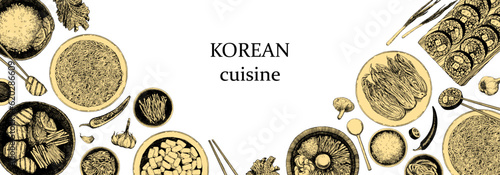 Korean Restaurant Menu. Hand-drawn illustration of dishes and products. Ink. Vector