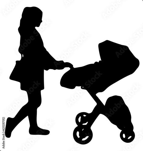 silhouette of a wonen and baby with a stroller illustration vector photo